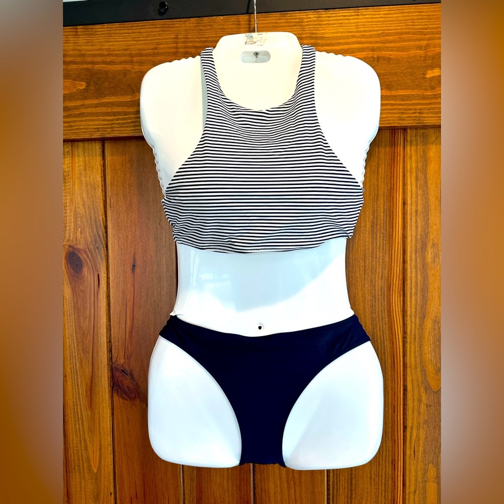 Aerie high neck halter T back navy white striped swim bikini  size Medium
